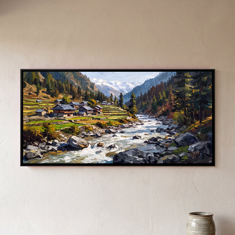 Village Above a Mountain River - framed canvas art hung on a wall