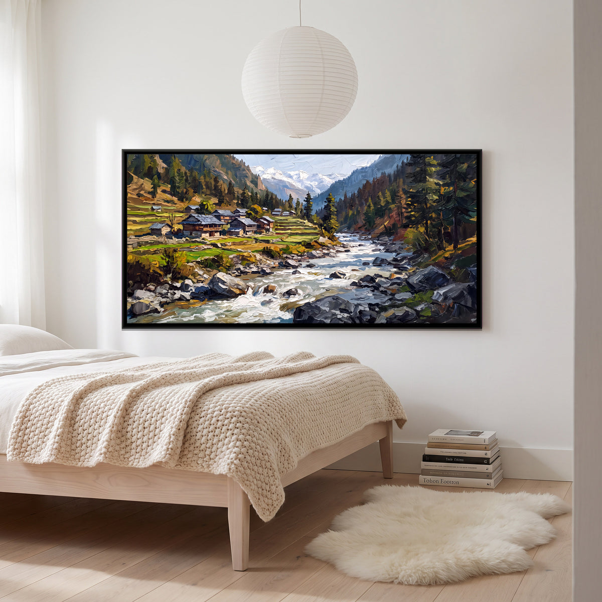 Village Above a Mountain River - canvas art shown in a styled room