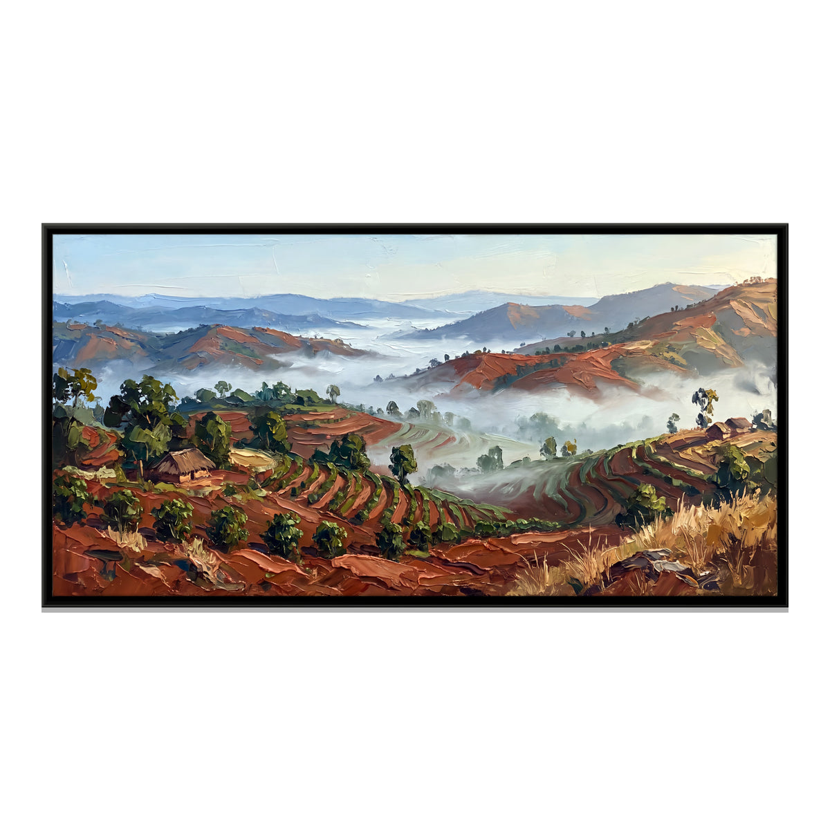 Red Earth Terraces in the Mist - framed canvas print, front view