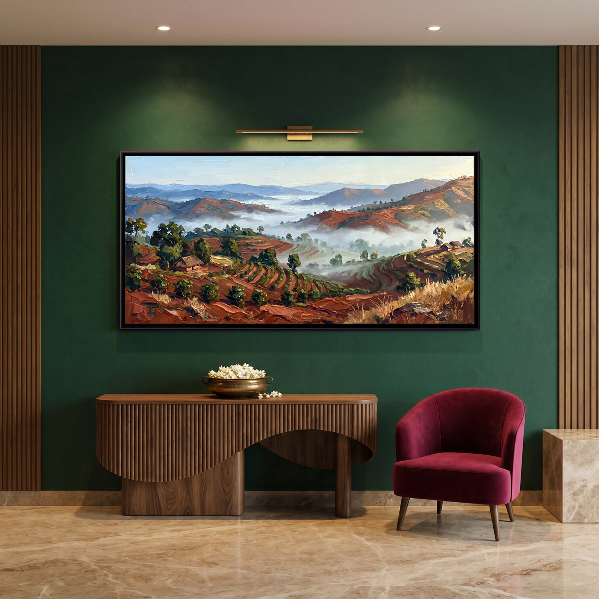 Red Earth Terraces in the Mist - canvas art shown in a styled room
