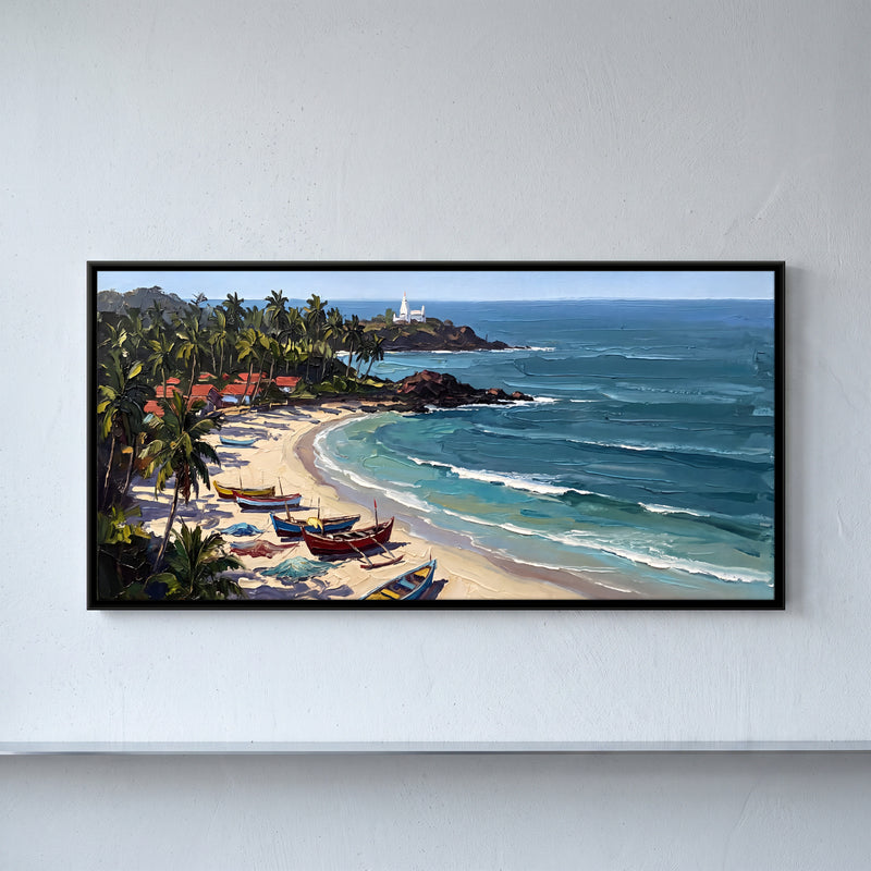 Fishing Boats on a Palm-Fringed Cove - framed canvas art hung on a wall
