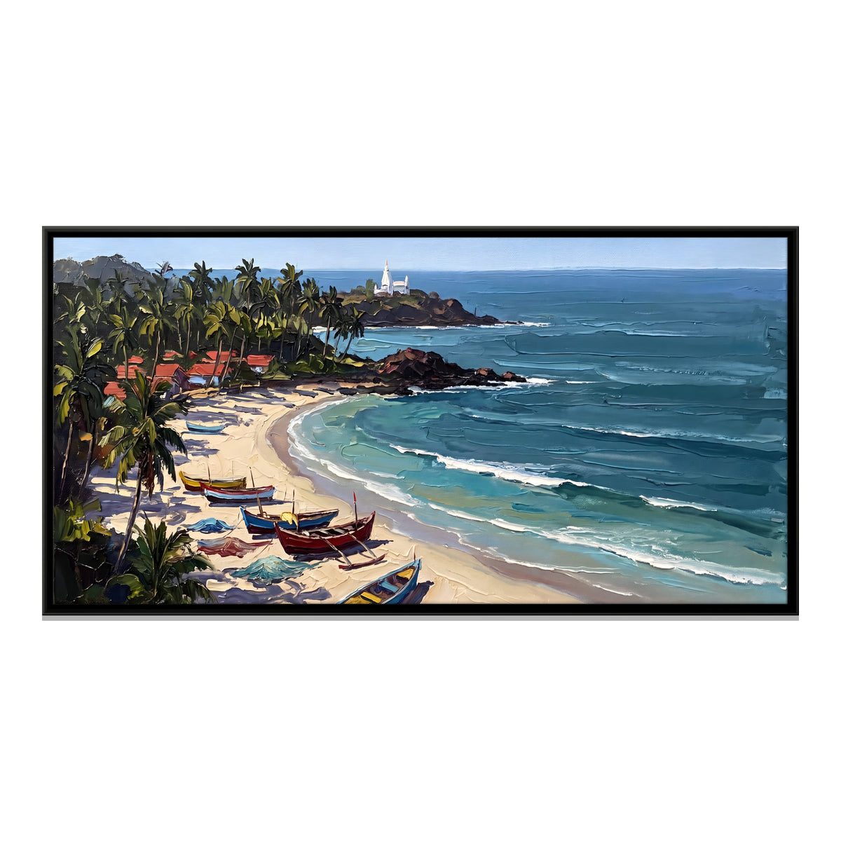 Fishing Boats on a Palm-Fringed Cove - framed canvas print, front view