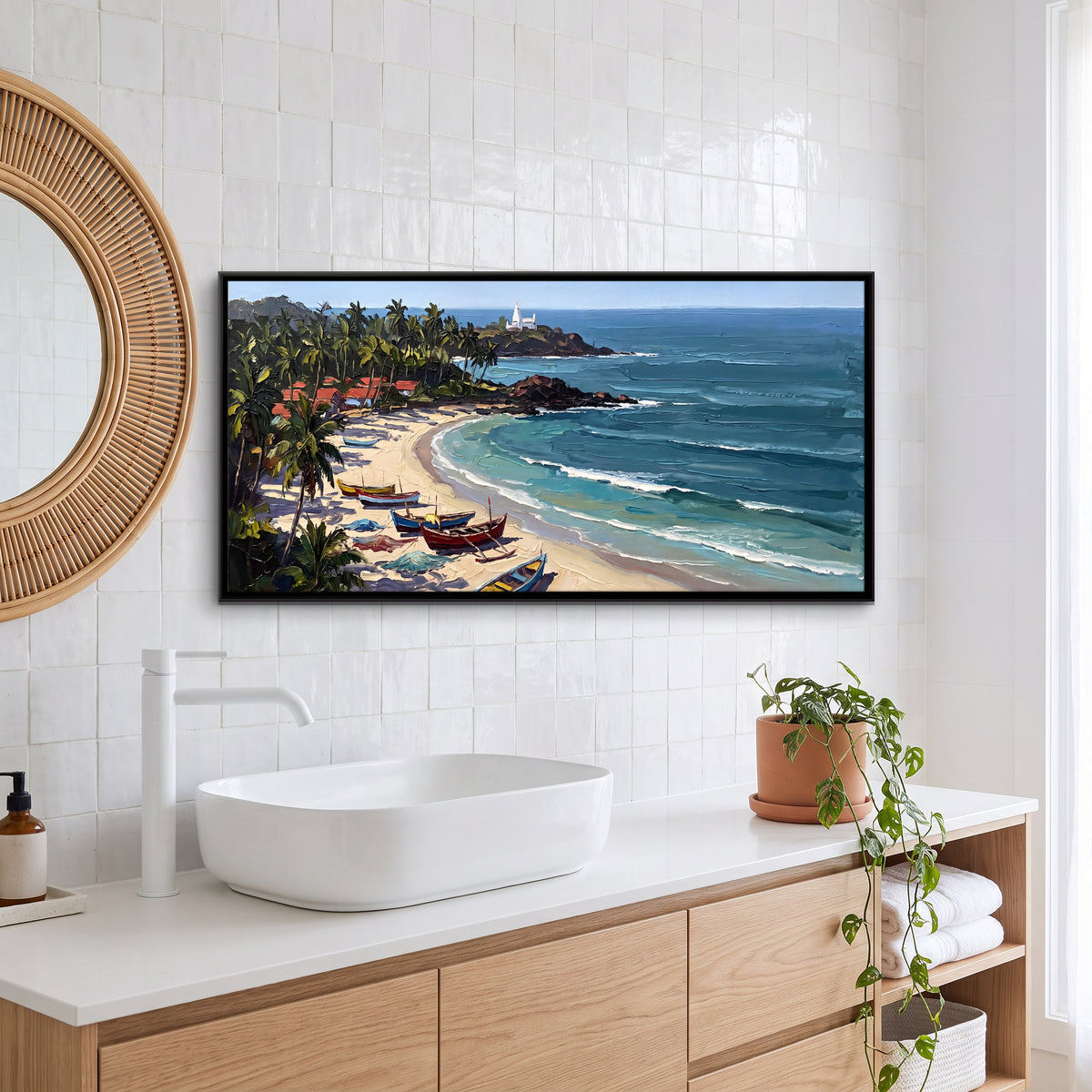 Fishing Boats on a Palm-Fringed Cove - canvas art shown in a styled room