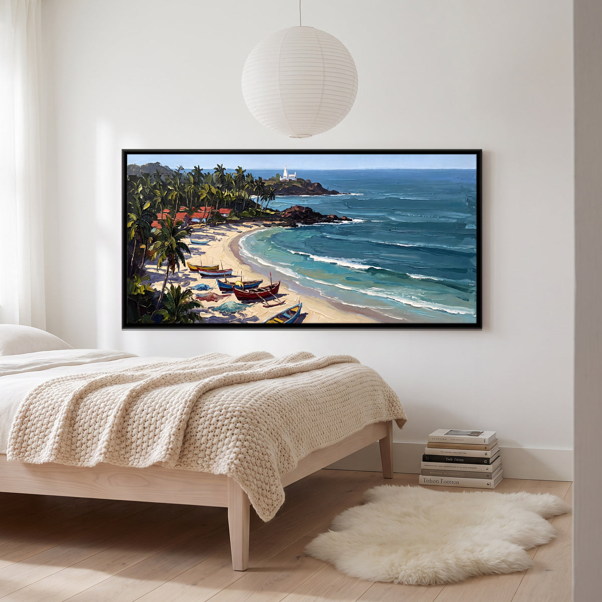 Fishing Boats on a Palm-Fringed Cove - canvas art shown in a second room setting