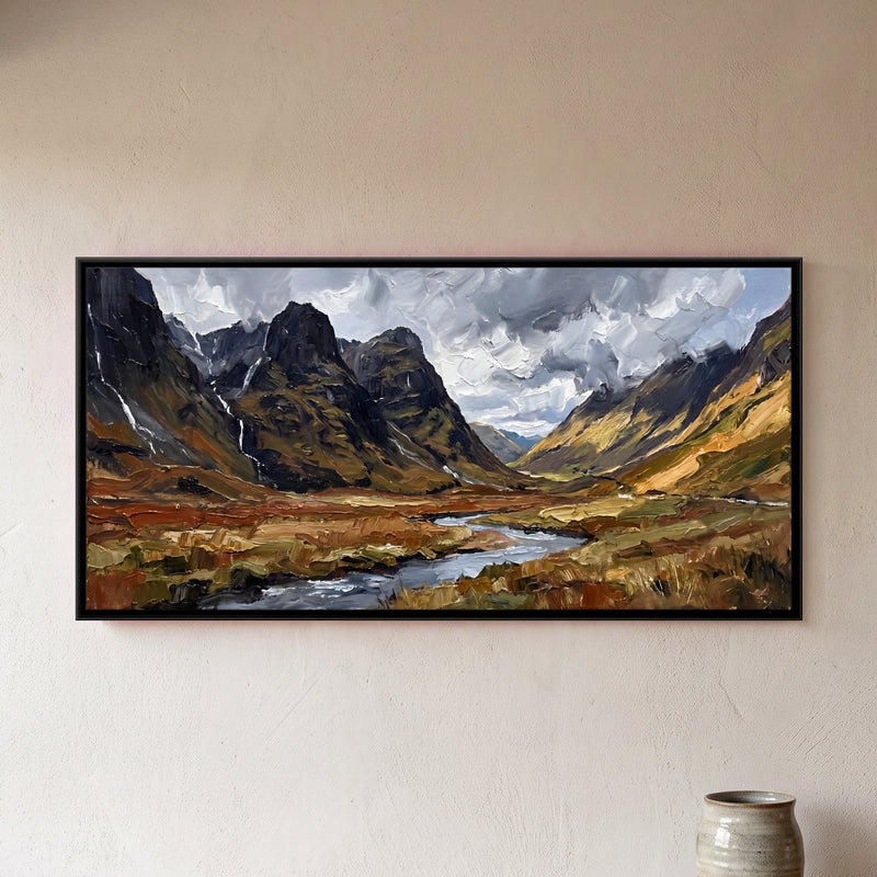 Stream Through a Highland Glen - framed canvas art hung on a wall