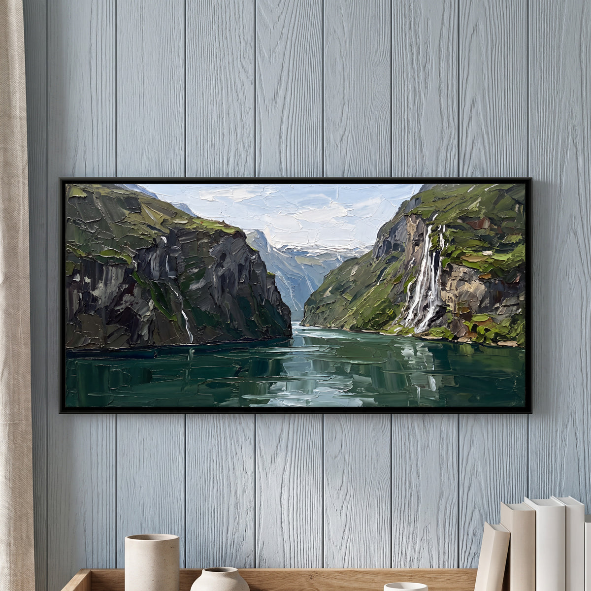 Waterfalls in a Green Fjord - framed canvas art hung on a wall