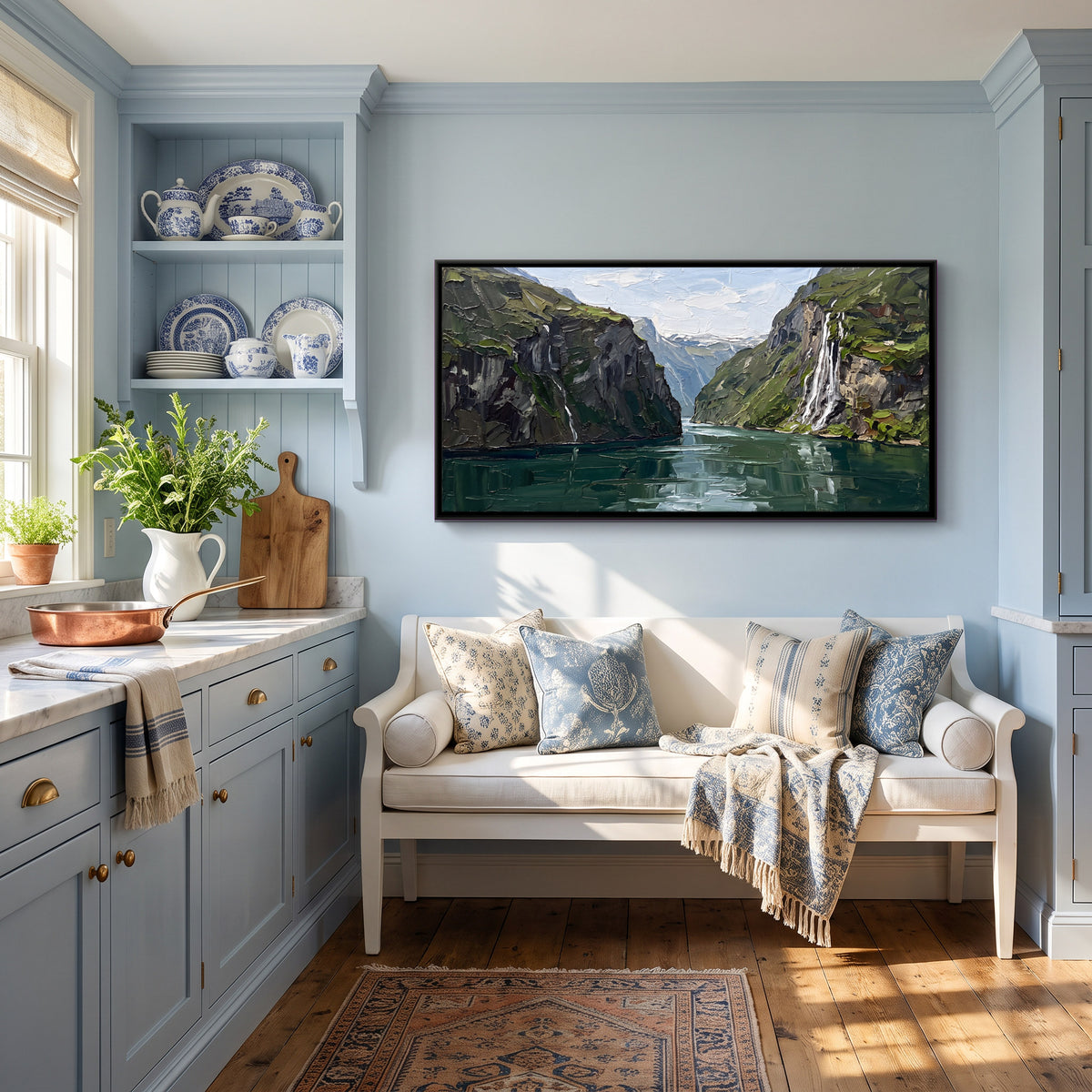 Waterfalls in a Green Fjord - canvas art shown in a second room setting