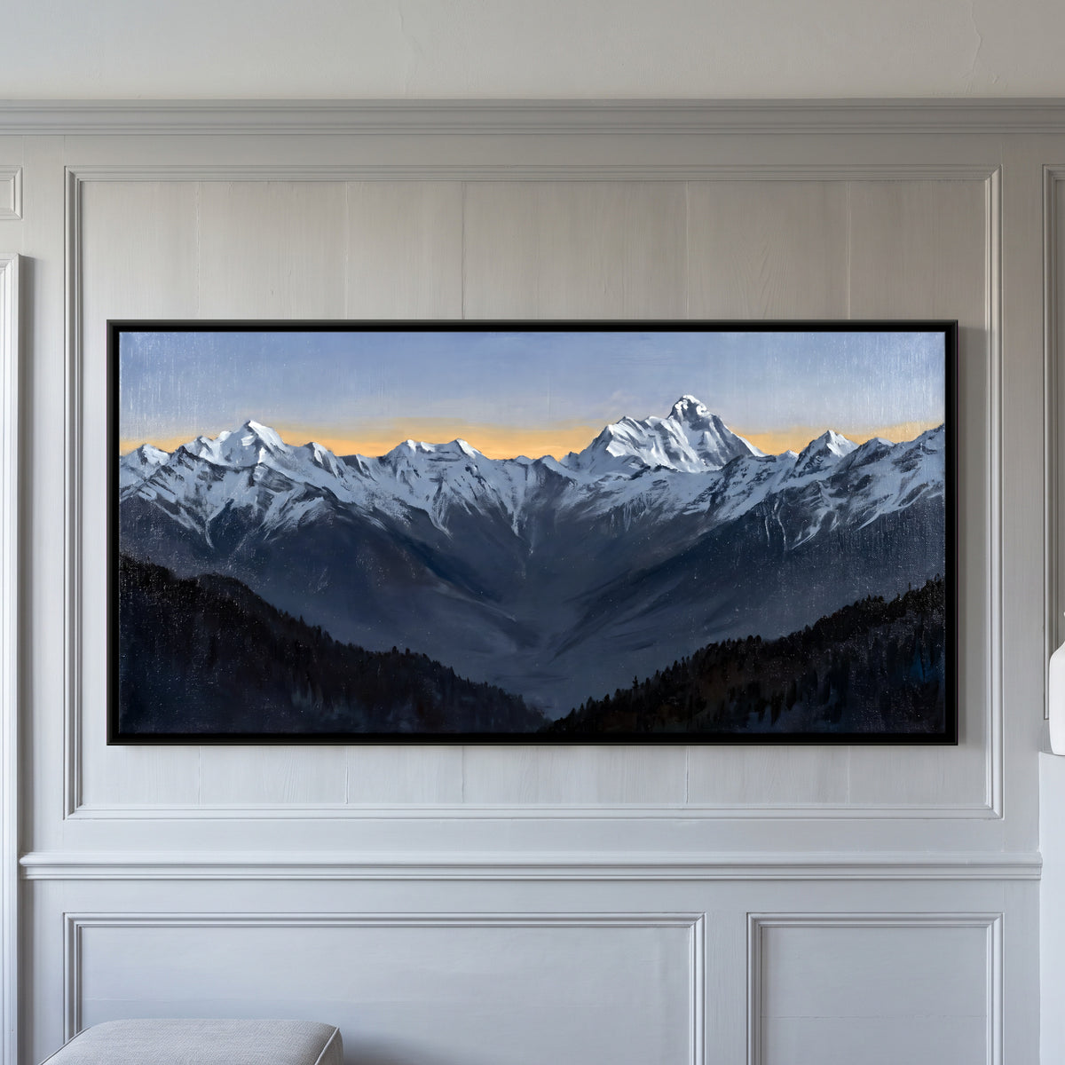 Nanda Devi at Dawn with a Golden Horizon - framed canvas art hung on a wall