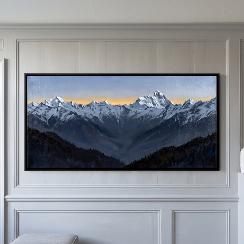 Nanda Devi at Dawn with a Golden Horizon - framed canvas art hung on a wall