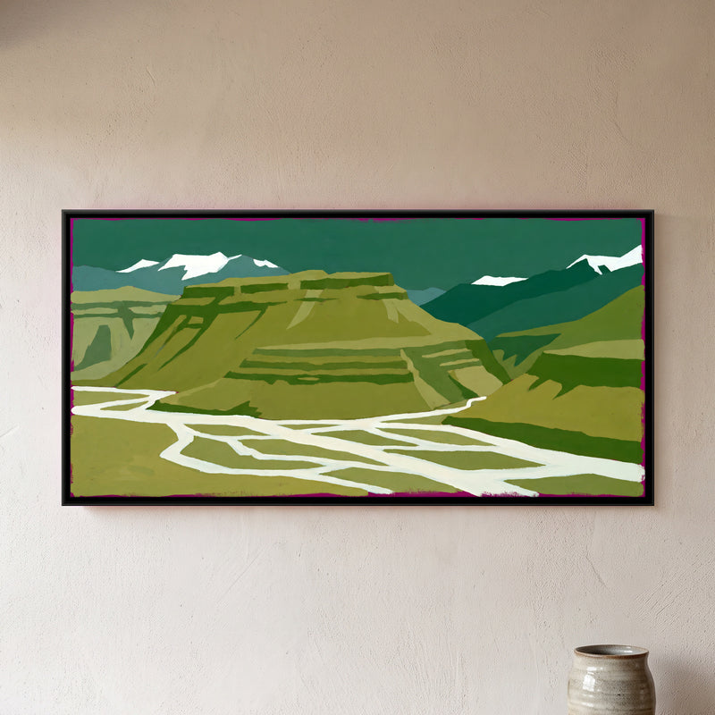 Braided River in a Green Valley - framed canvas art hung on a wall