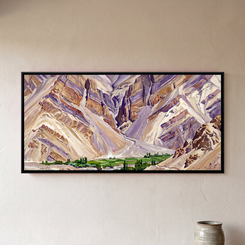 Green Valley Between Folded Cliffs - framed canvas art hung on a wall