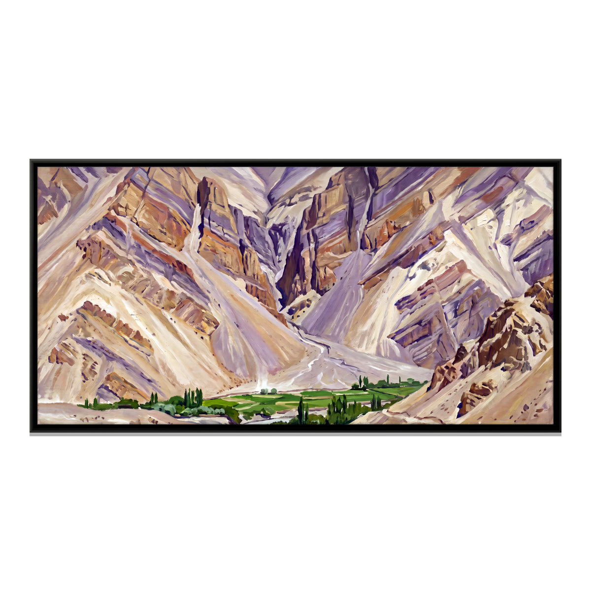 Green Valley Between Folded Cliffs - framed canvas print, front view