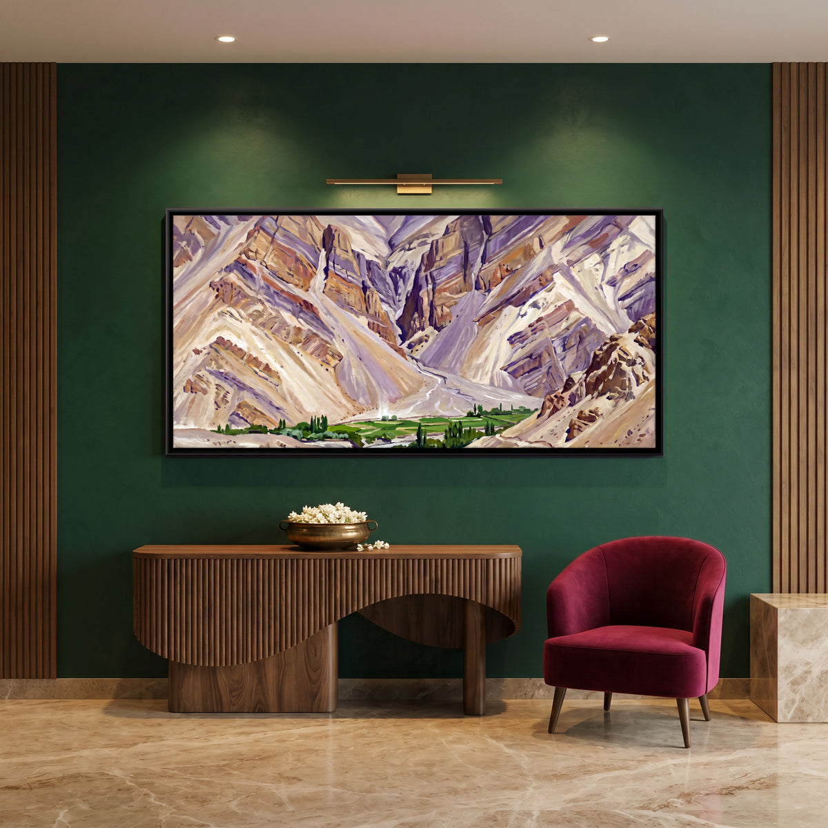 Green Valley Between Folded Cliffs - canvas art shown in a styled room
