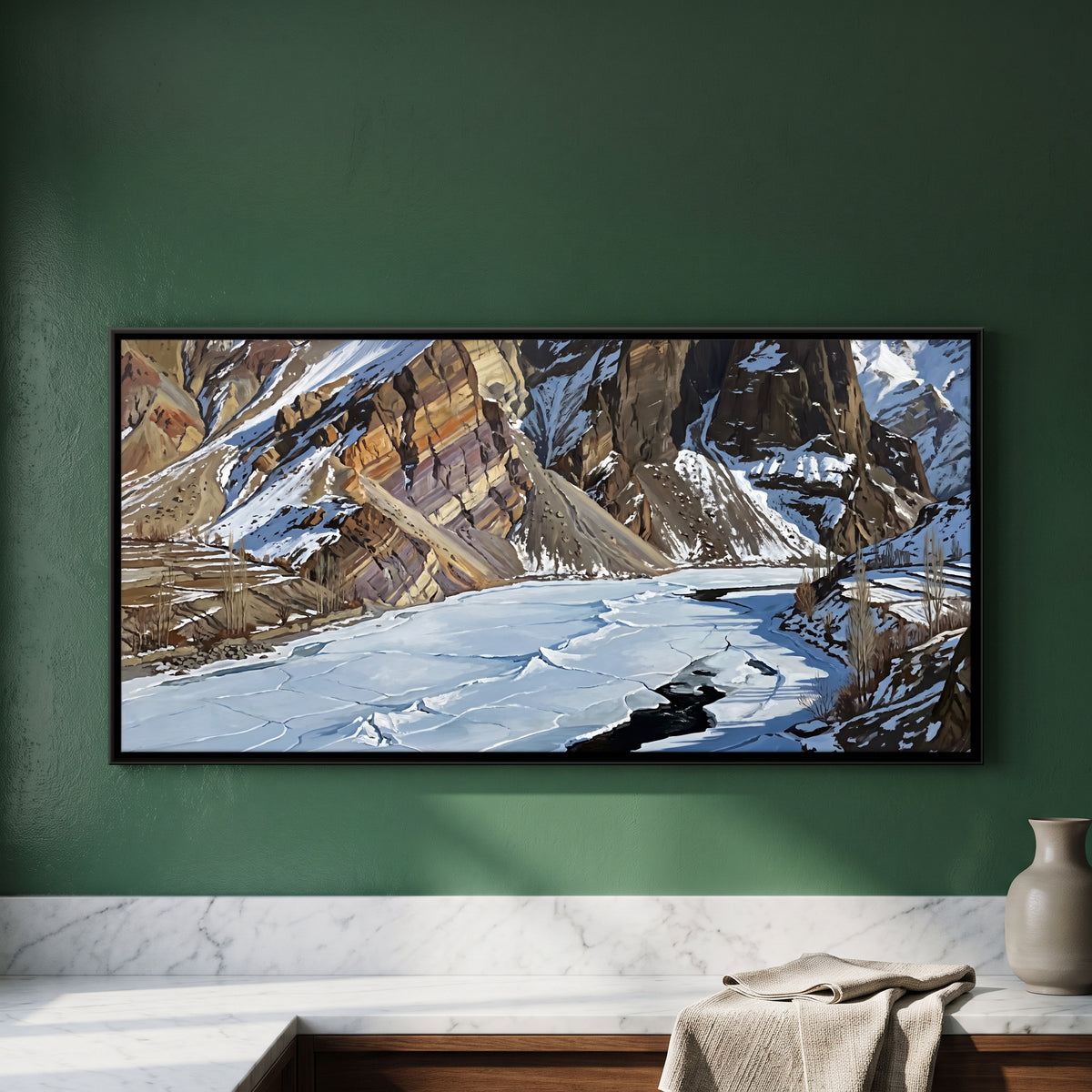 Frozen River in Ladakh - framed canvas art hung on a wall