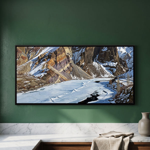 Frozen River Winding Through Rocky Mountains