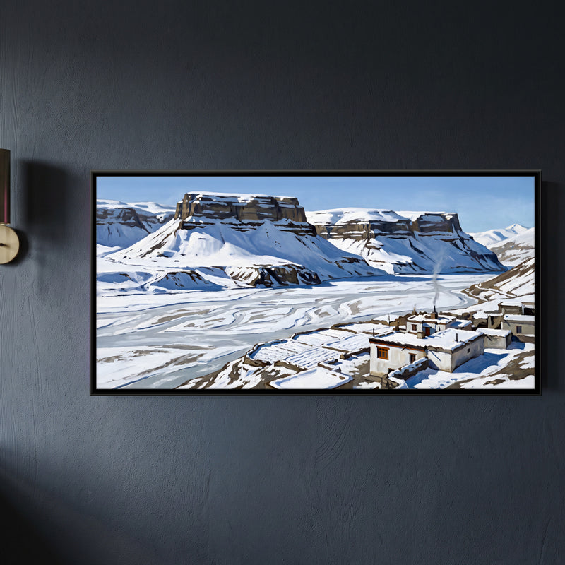 Snowbound Mountain Village - framed canvas art hung on a wall