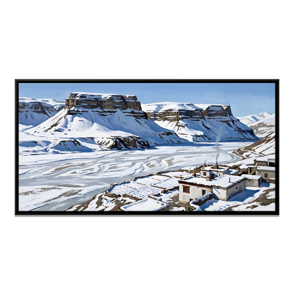 Snowbound Mountain Village - framed canvas print, front view