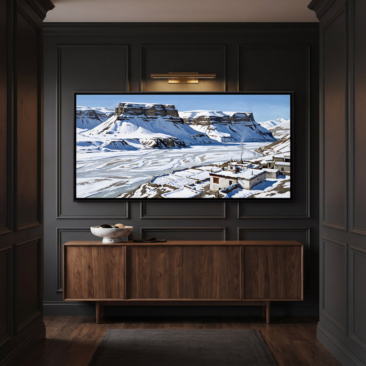 Snowbound Mountain Village - canvas art shown in a styled room