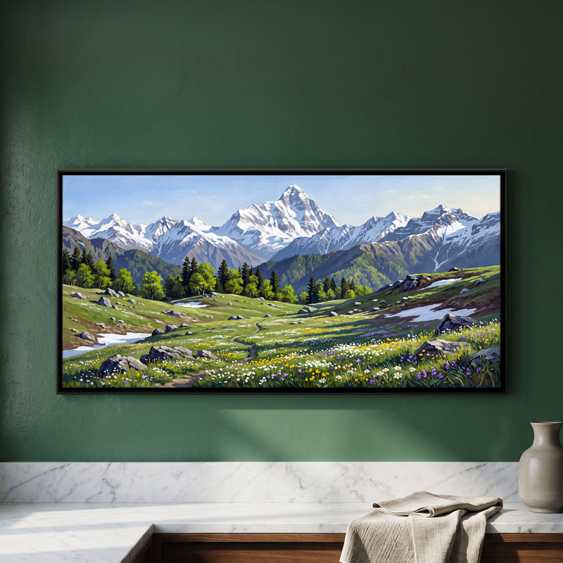 Nanda Devi Above a Flowering Meadow - framed canvas art hung on a wall