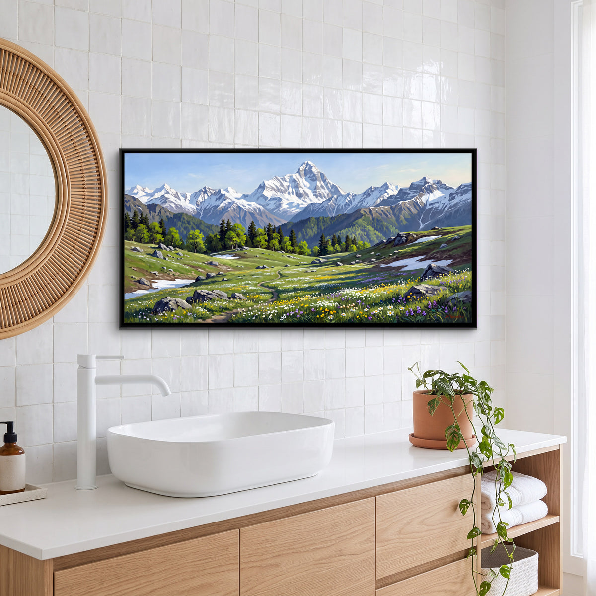 Nanda Devi Above a Flowering Meadow - canvas art shown in a styled room