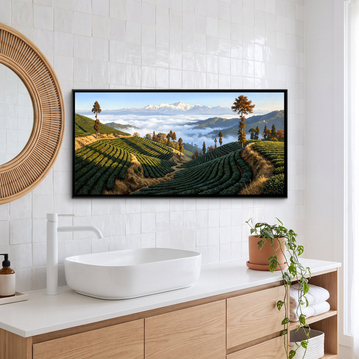 Tea Gardens Above the Clouds - canvas art shown in a styled room