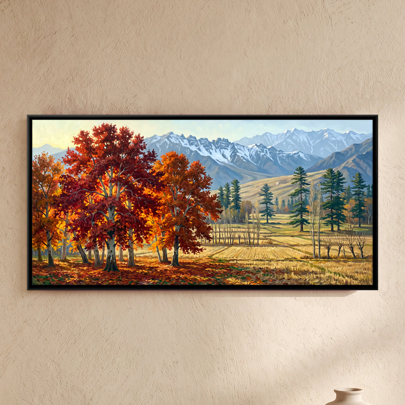 Autumn Grove Below a Snow Range - framed canvas art hung on a wall