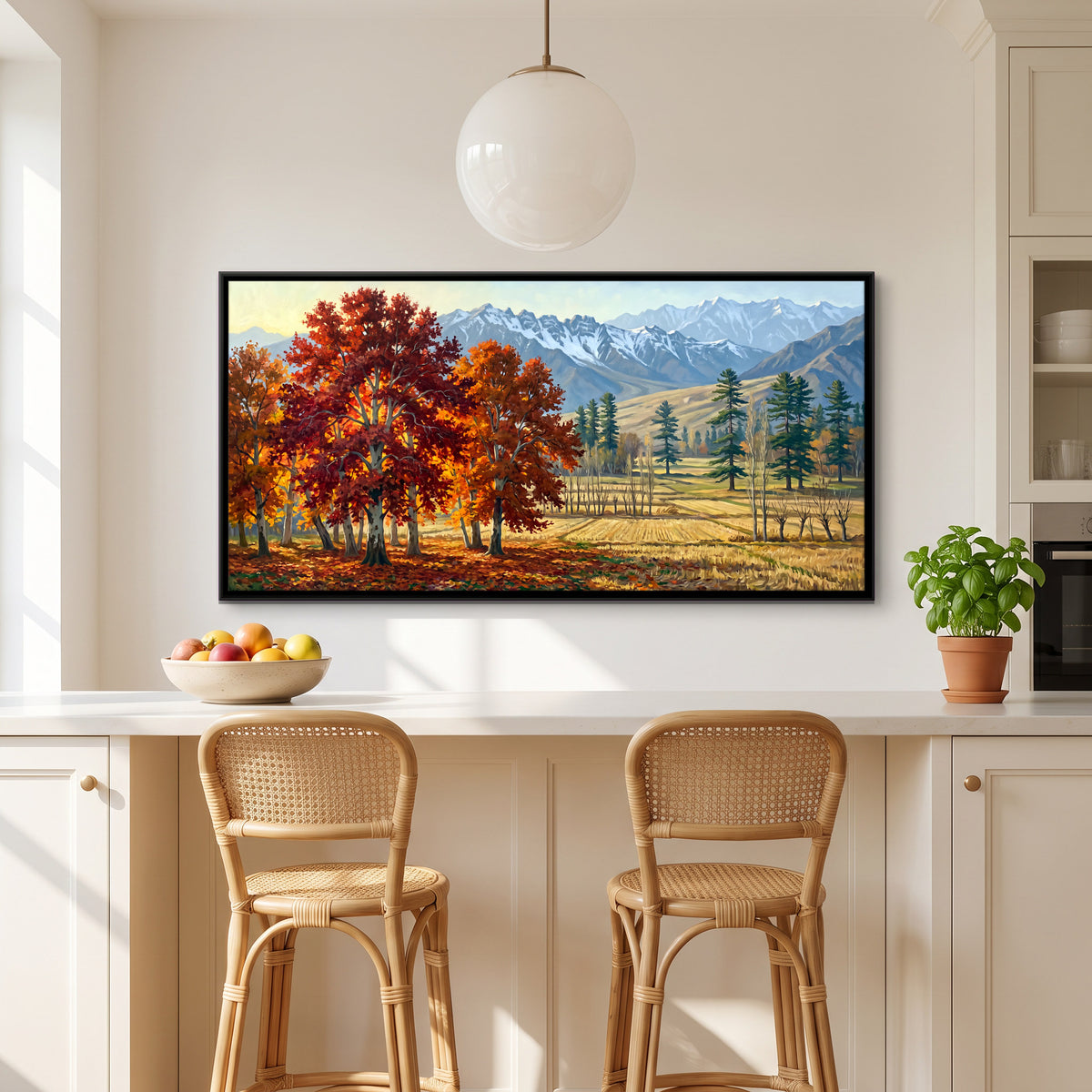 Autumn Grove Below a Snow Range - canvas art shown in a styled room