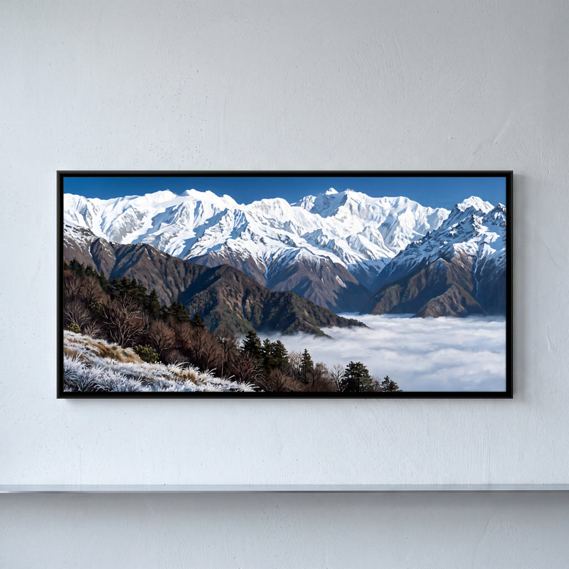 Kanchenjunga Above a Sea of Cloud - framed canvas art hung on a wall