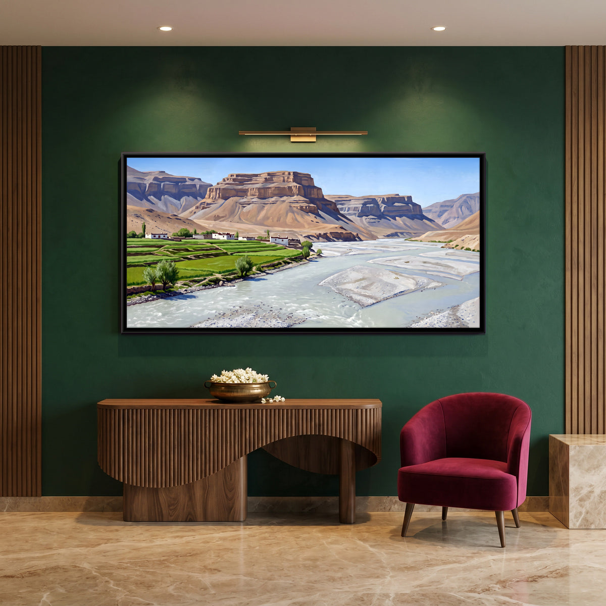 Green Fields in a High Desert Valley - canvas art shown in a styled room