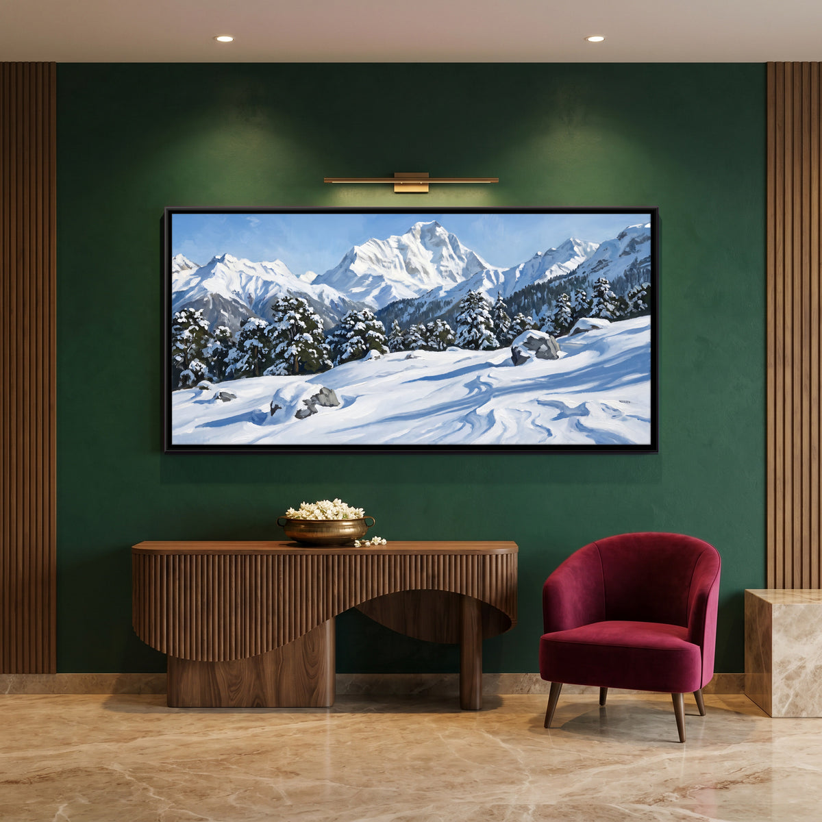 Nanda Devi in Winter Snow - canvas art shown in a styled room