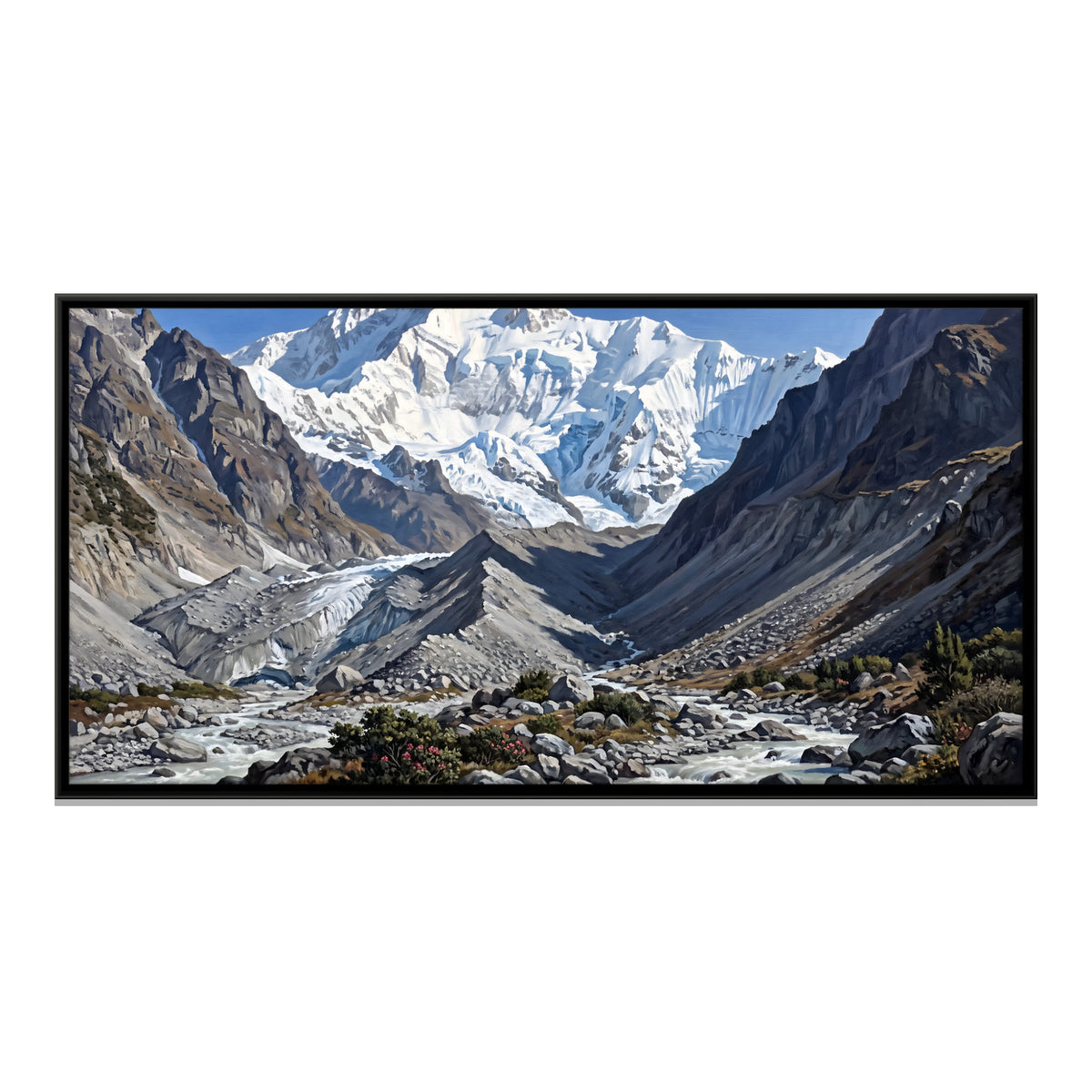 Snow Peak Above a Glacier Valley - framed canvas print, front view