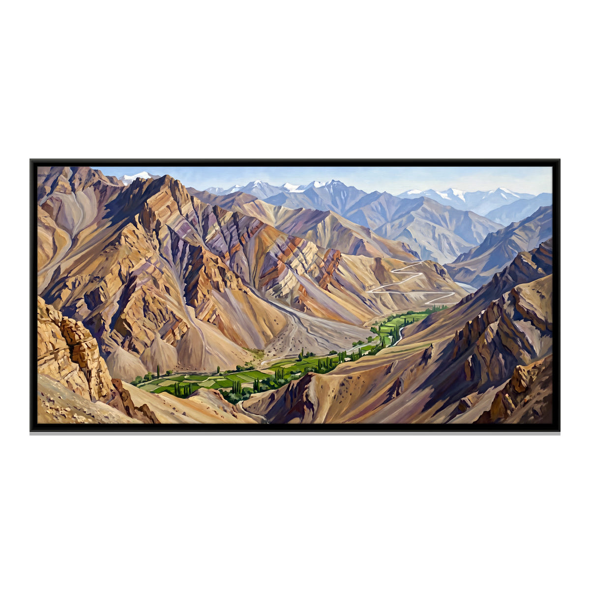 Green Valley Among Bare Mountains - framed canvas print, front view