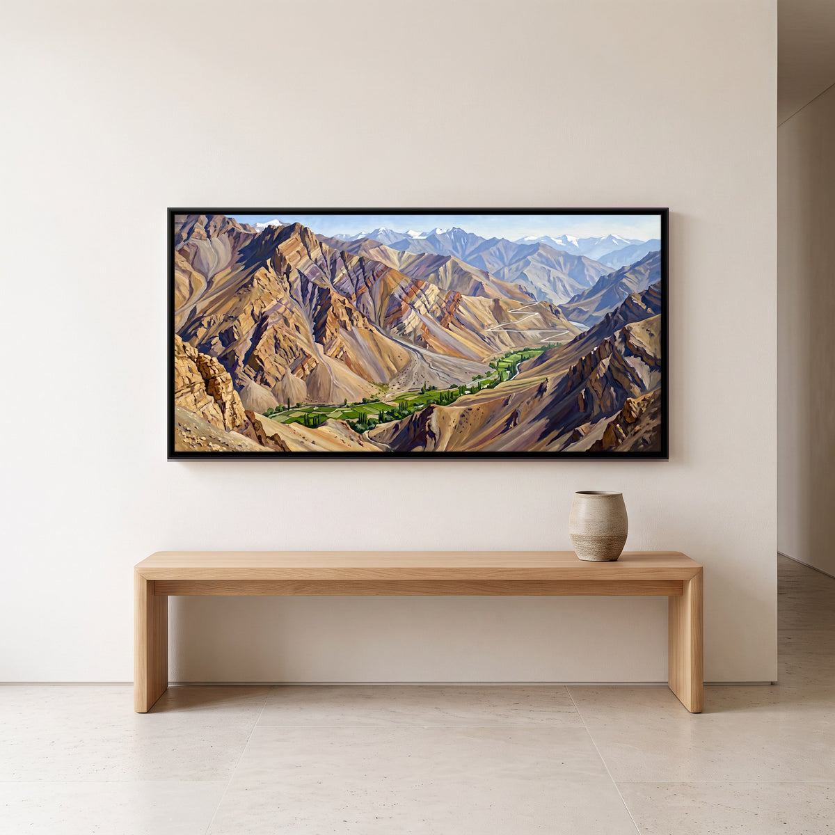 Green Valley Among Bare Mountains - canvas art shown in a styled room