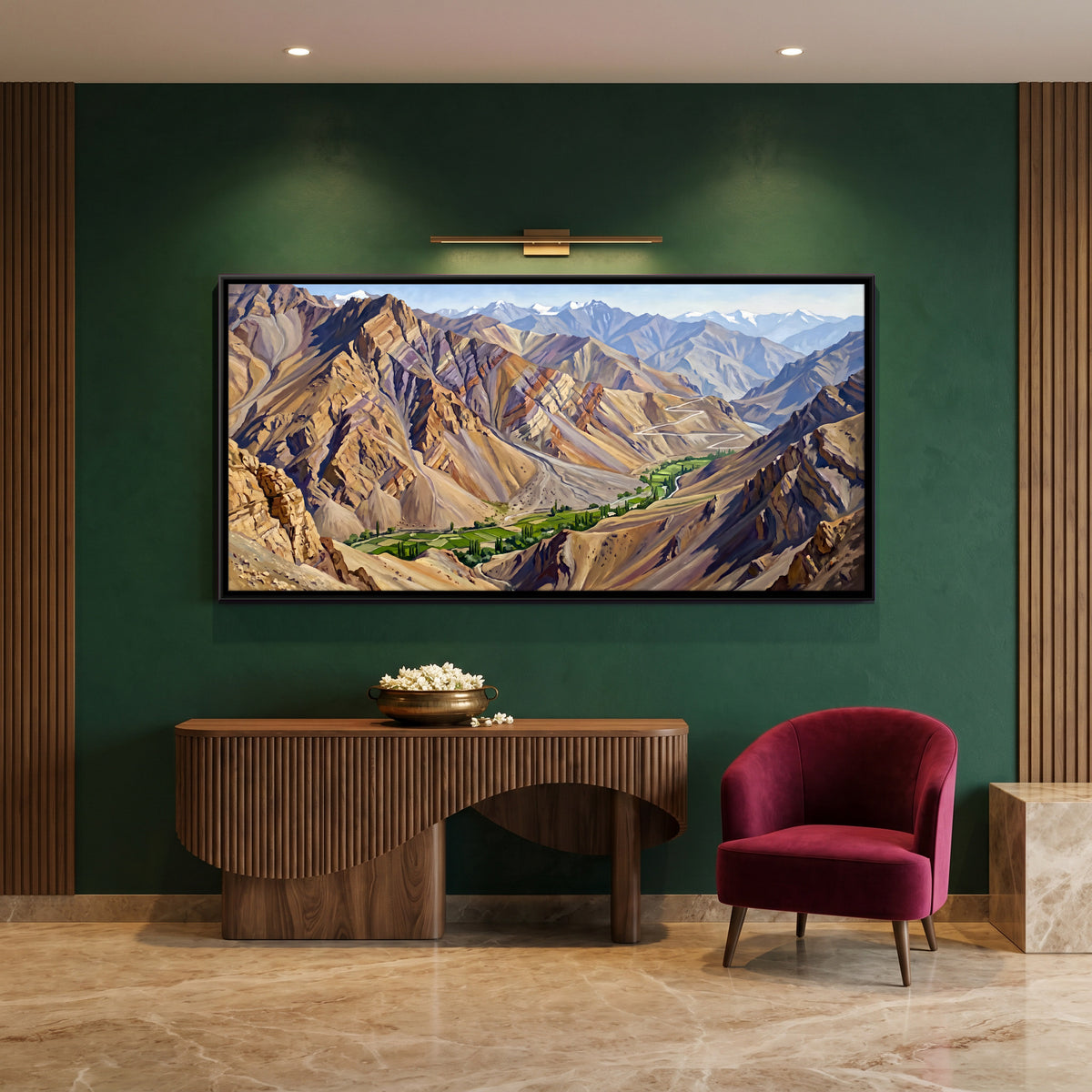 Green Valley Among Bare Mountains - canvas art shown in a second room setting