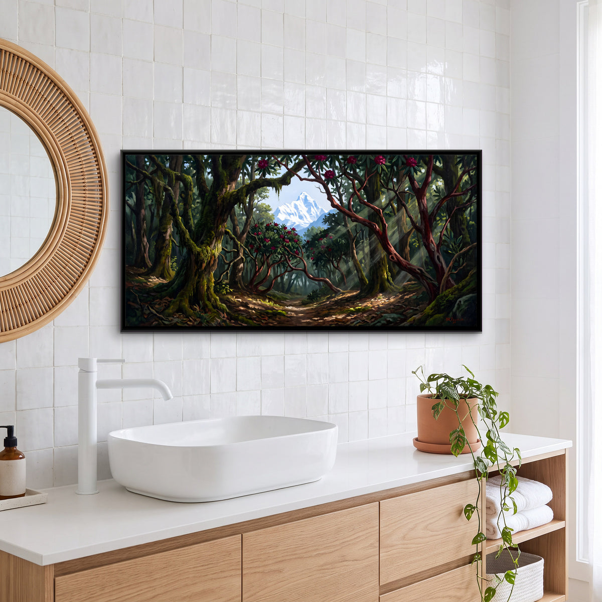 Nanda Devi Through a Forest Path - canvas art shown in a styled room