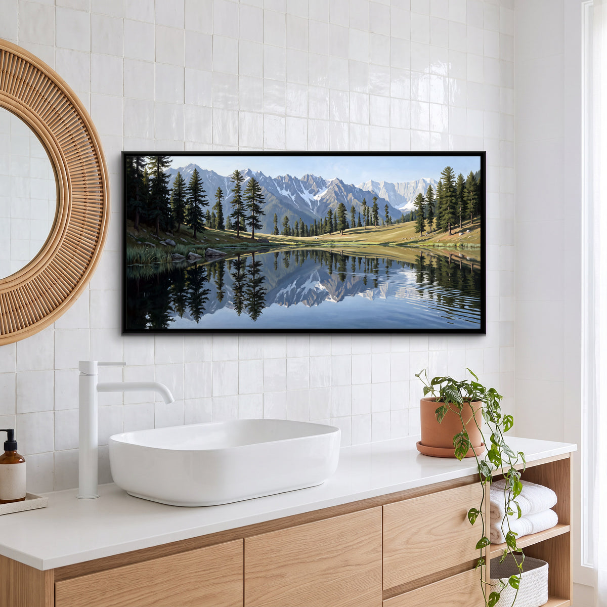 Snow Range Reflected in a Lake - canvas art shown in a styled room