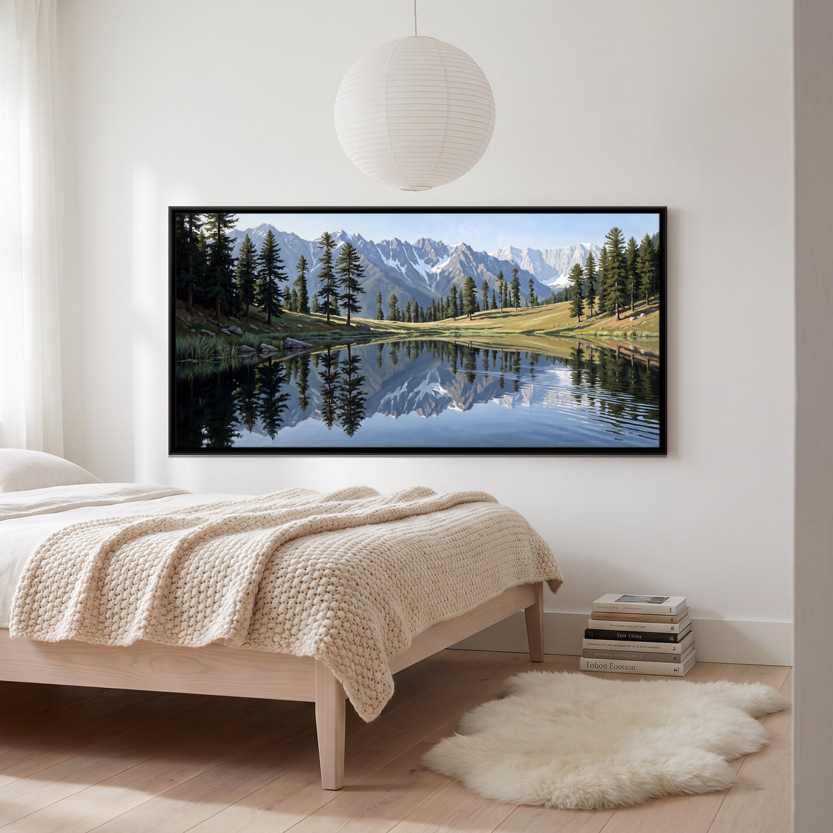 Snow Range Reflected in a Lake - canvas art shown in a second room setting