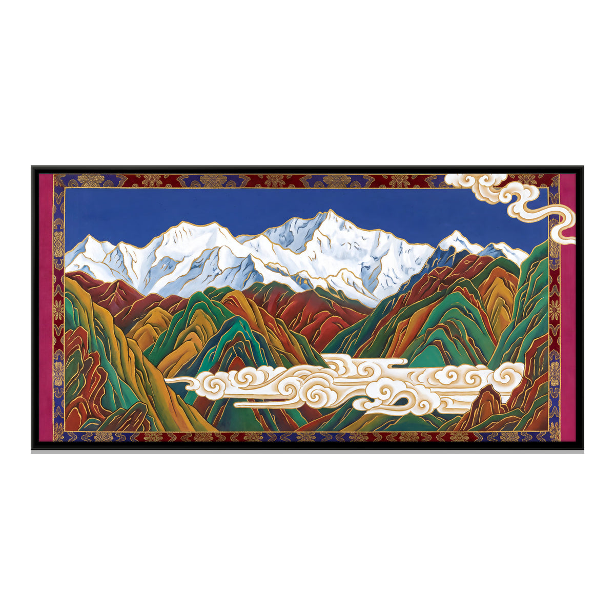 Himalayan Peaks in Thangka Style - framed canvas print, front view