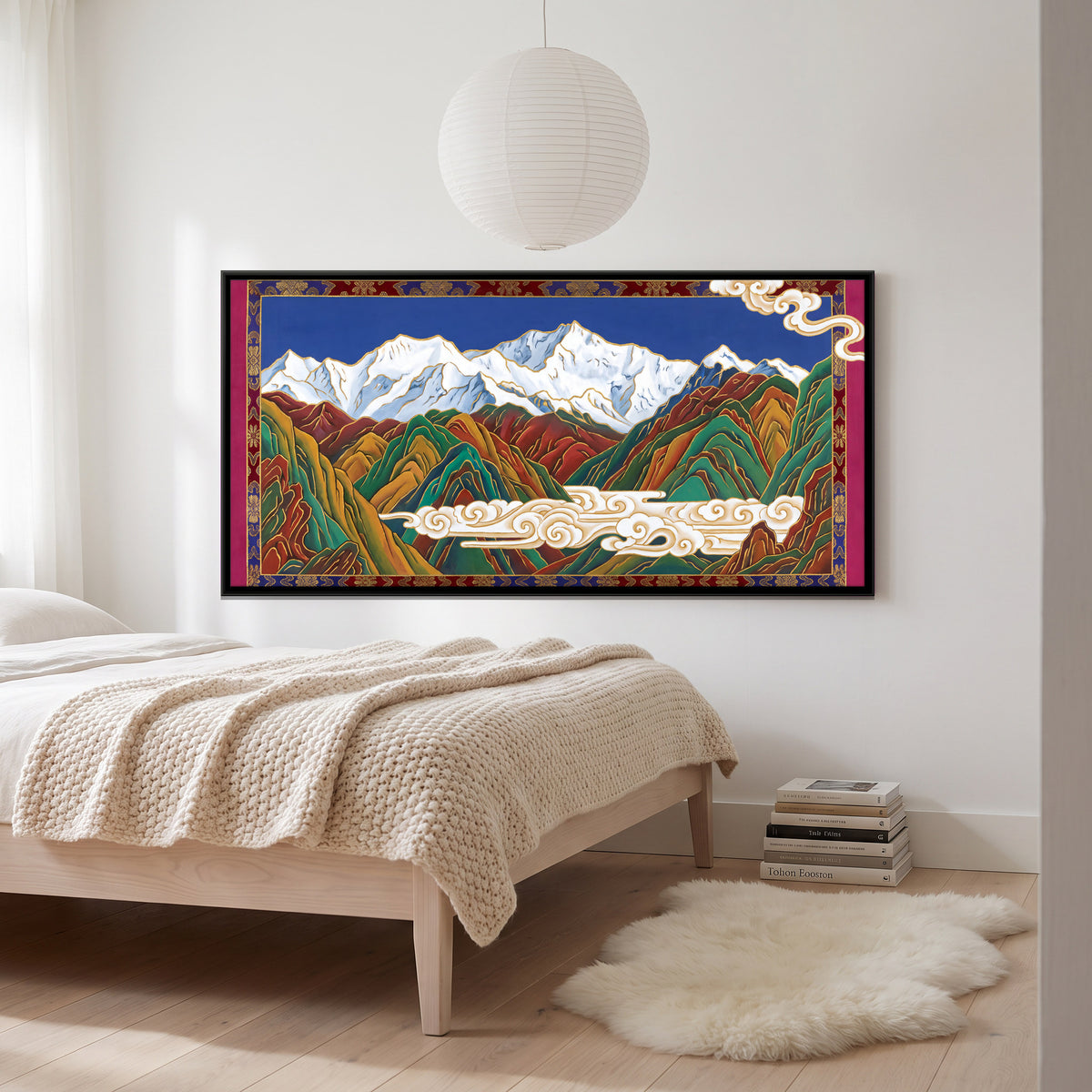 Himalayan Peaks in Thangka Style - canvas art shown in a styled room