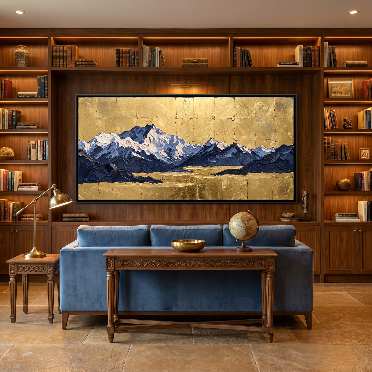 Snow Peaks on Gold Leaf - canvas art shown in a styled room