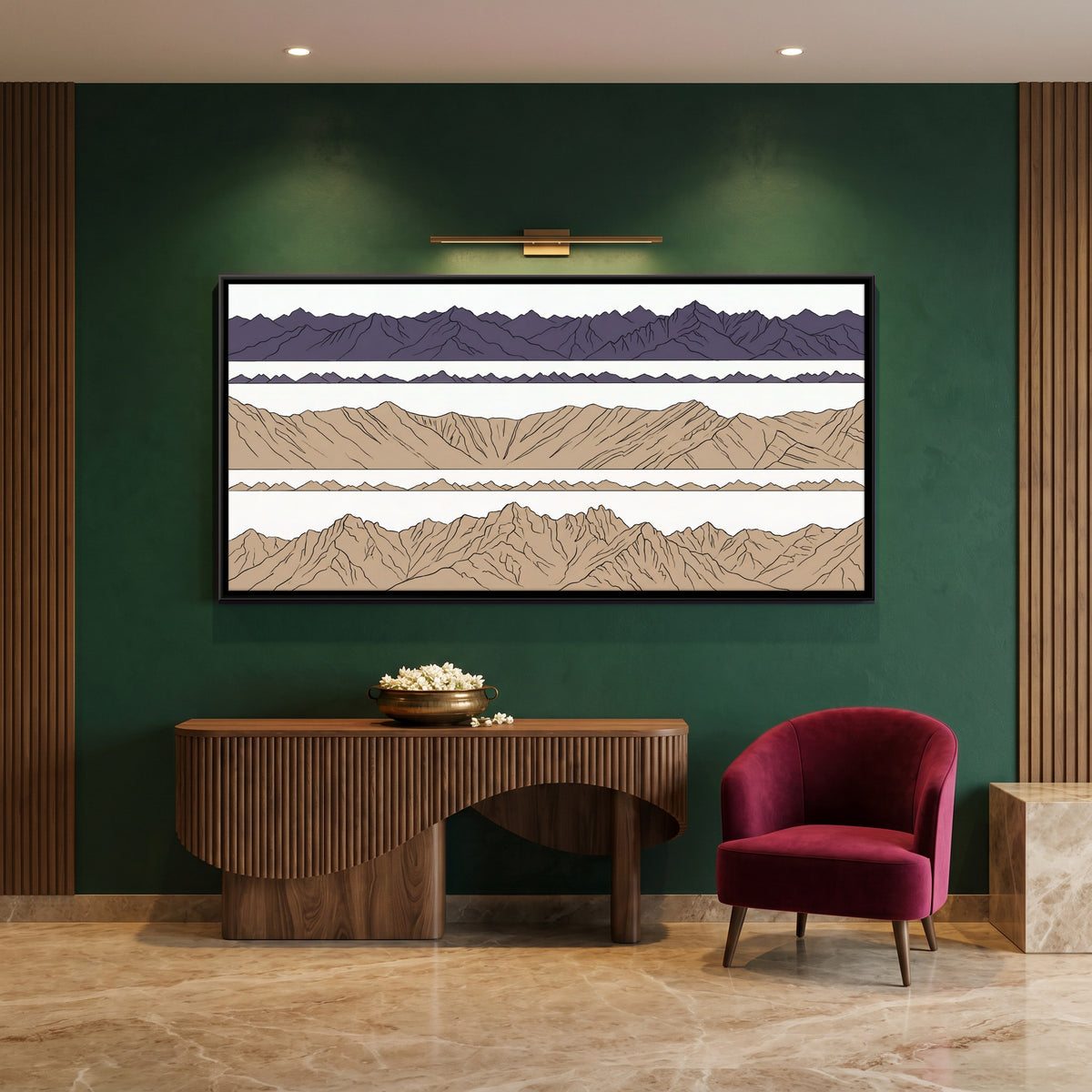 Line-Drawn Mountain Ranges - canvas art shown in a styled room