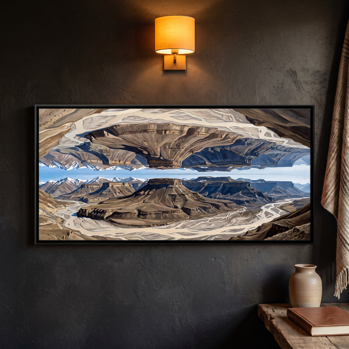 Mirrored Desert Valley - framed canvas art hung on a wall