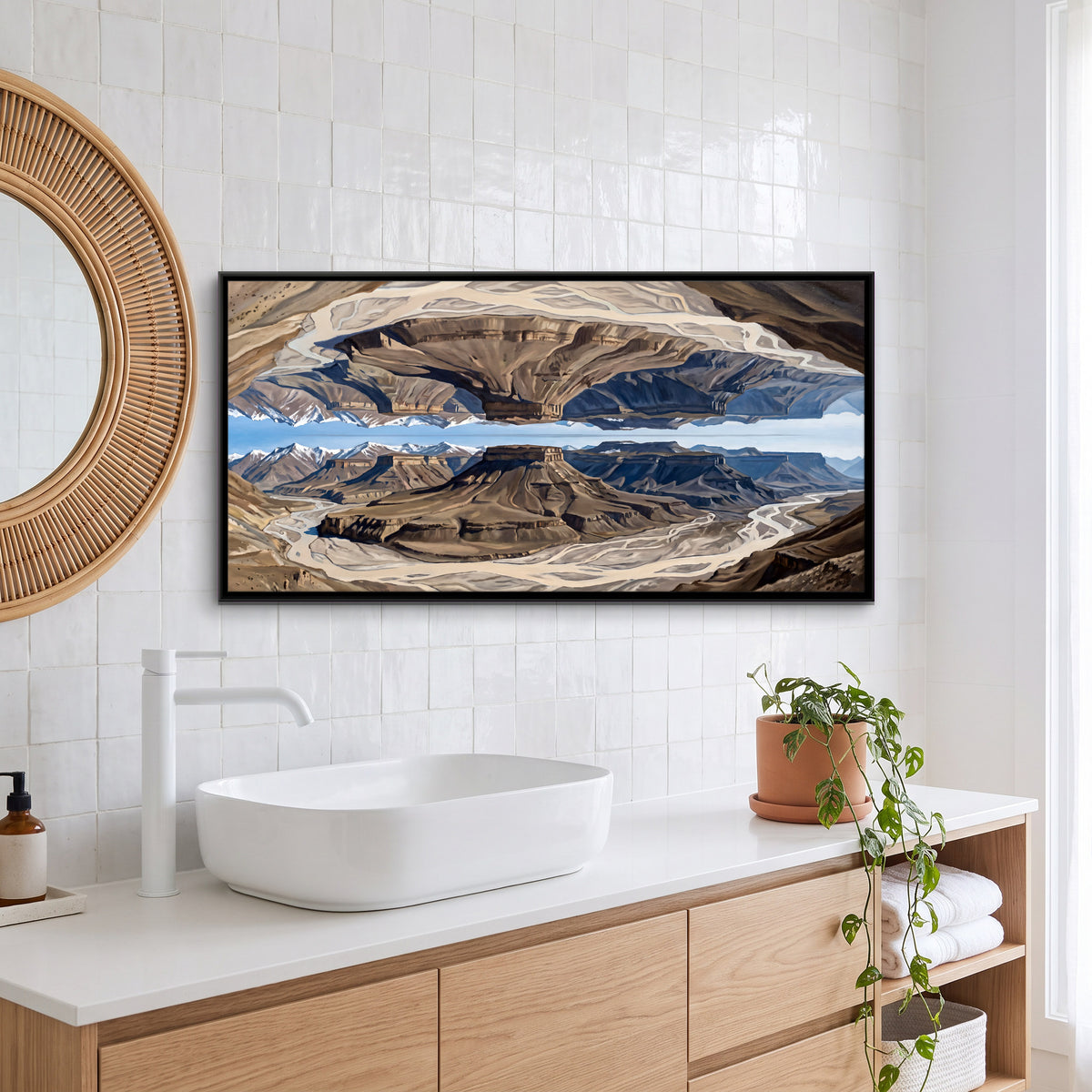 Mirrored Desert Valley - canvas art shown in a styled room