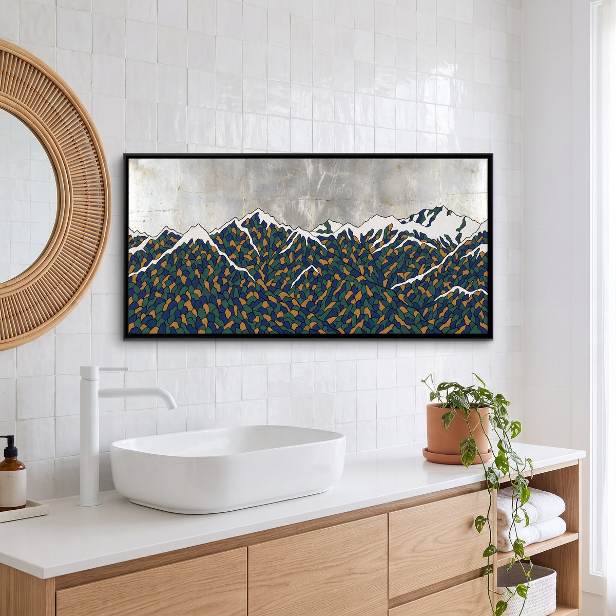 Mosaic Mountain Range - canvas art shown in a styled room