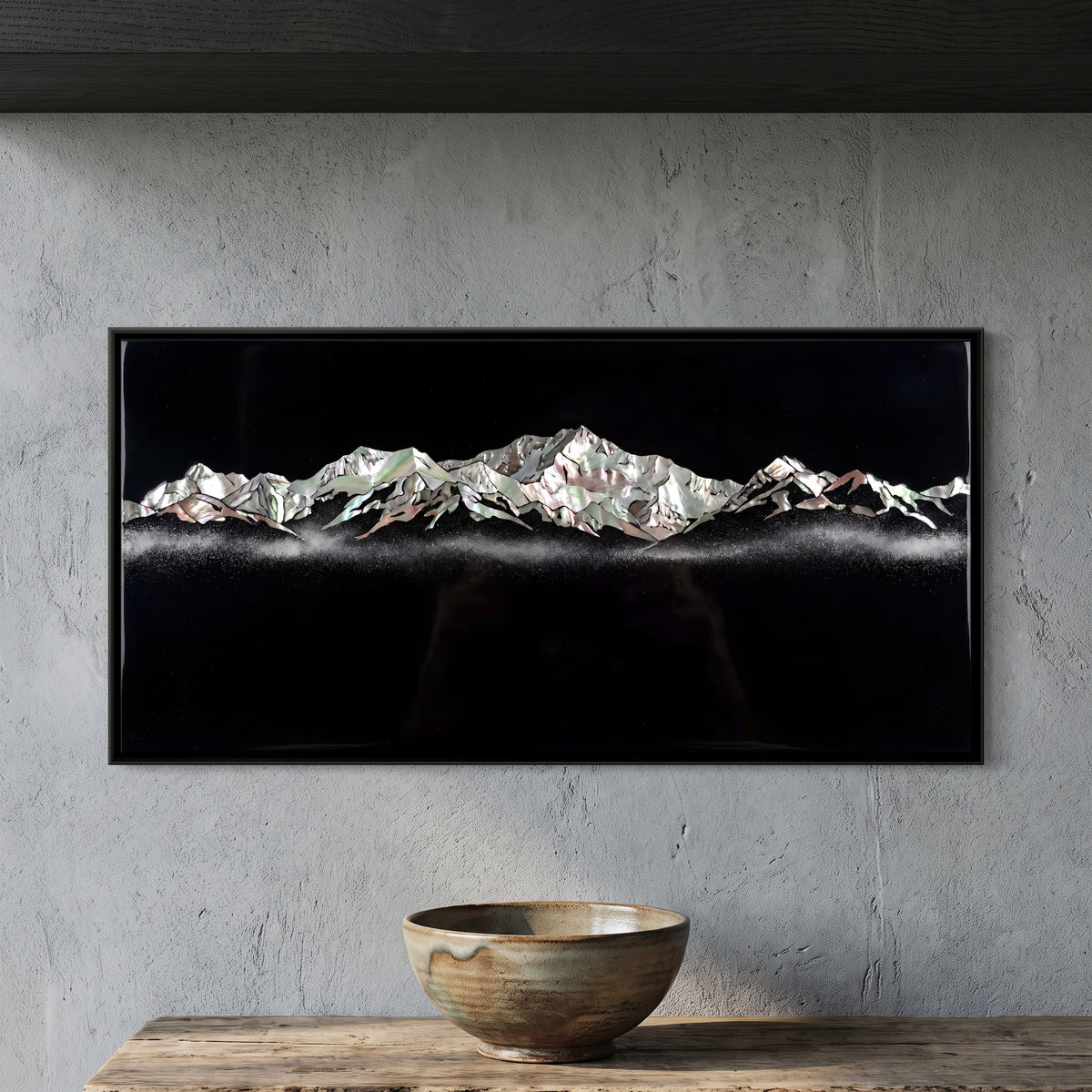 Silver Snow Ridge at Night - framed canvas art hung on a wall