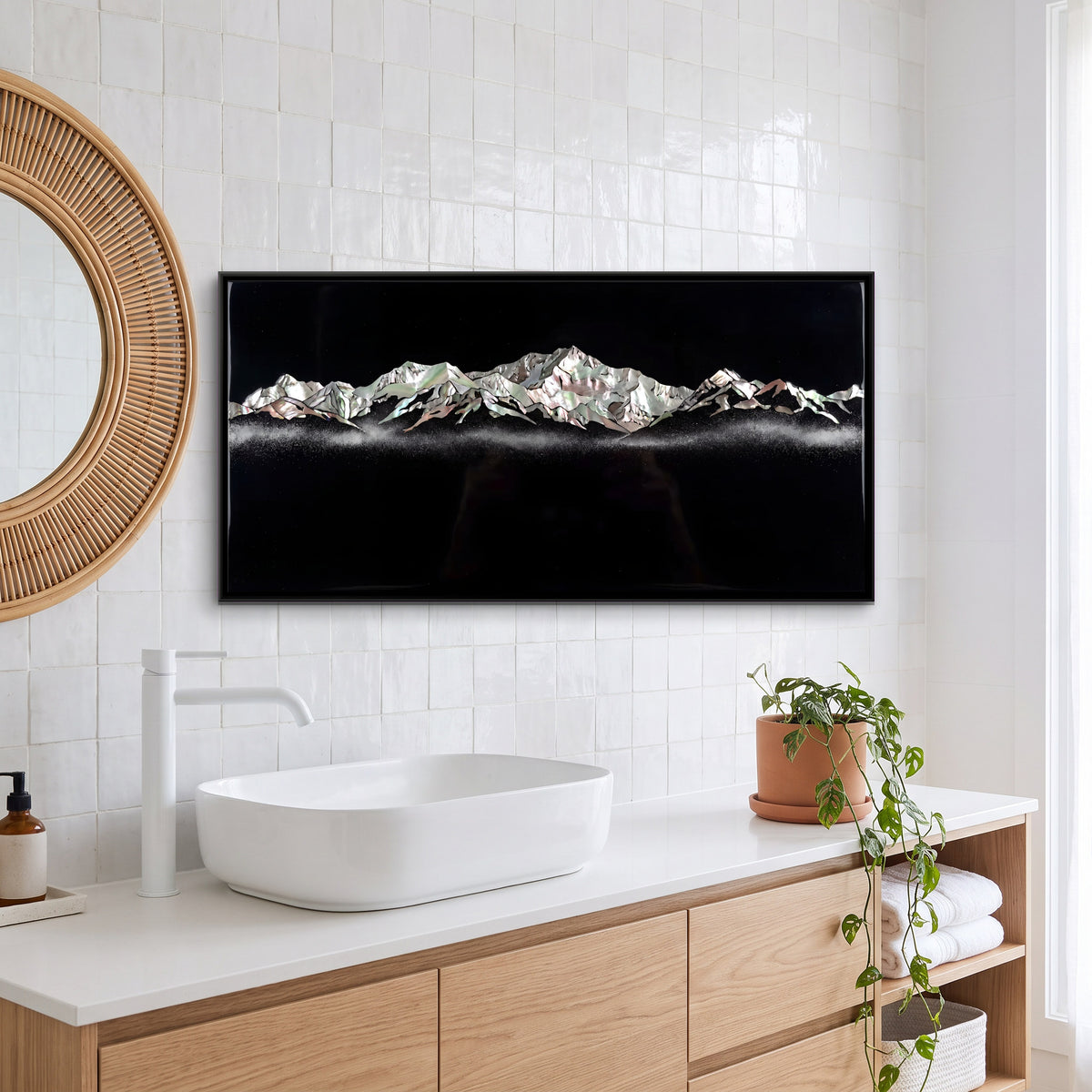 Silver Snow Ridge at Night - canvas art shown in a styled room