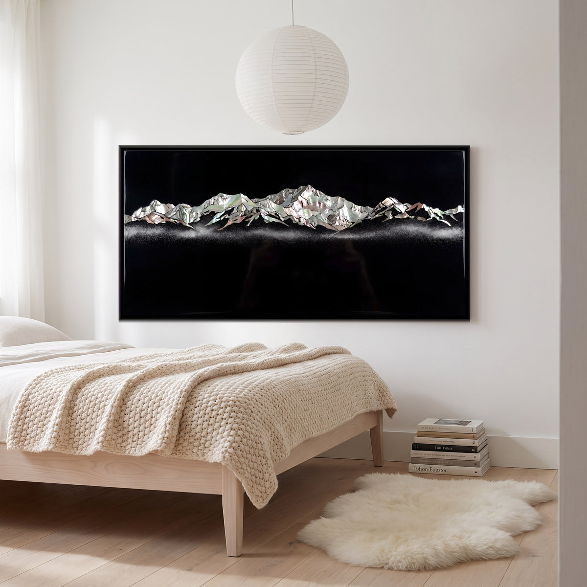 Silver Snow Ridge at Night - canvas art shown in a second room setting