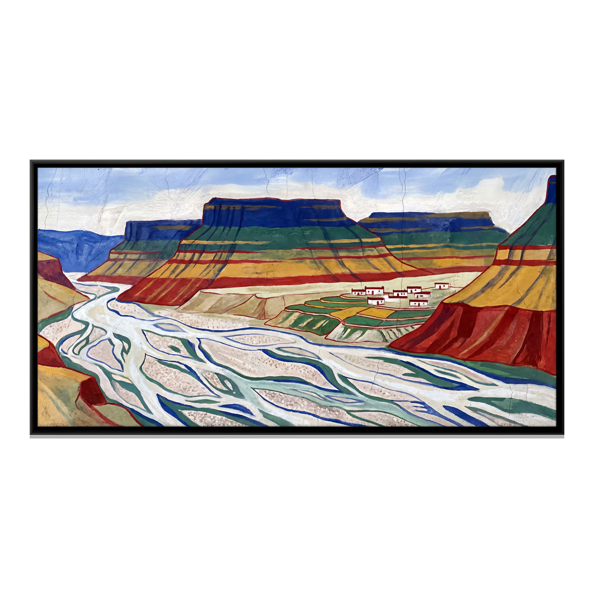Banded Mesas Above a Braided River - framed canvas print, front view