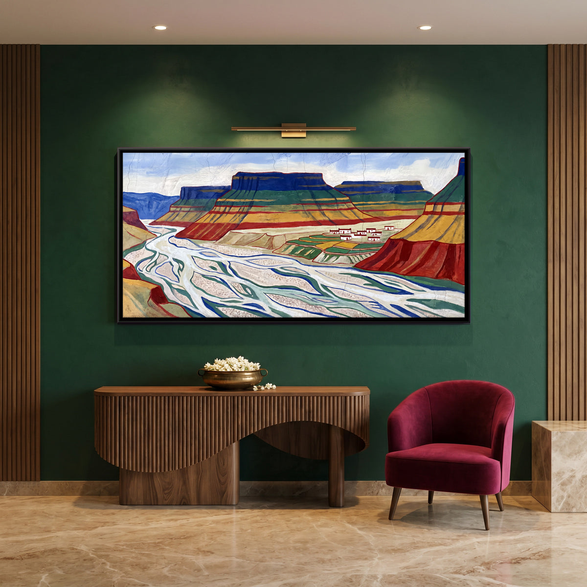 Banded Mesas Above a Braided River - canvas art shown in a second room setting