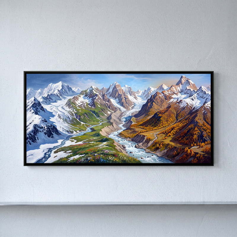 Glacier and Autumn Forest - framed canvas art hung on a wall